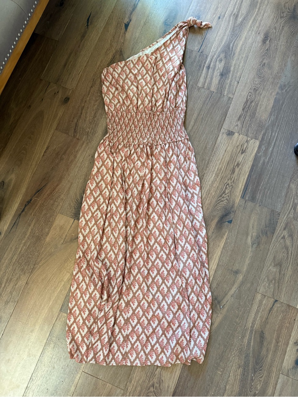 One-Shoulder Rust & Cream Patterned Maxi Dress
